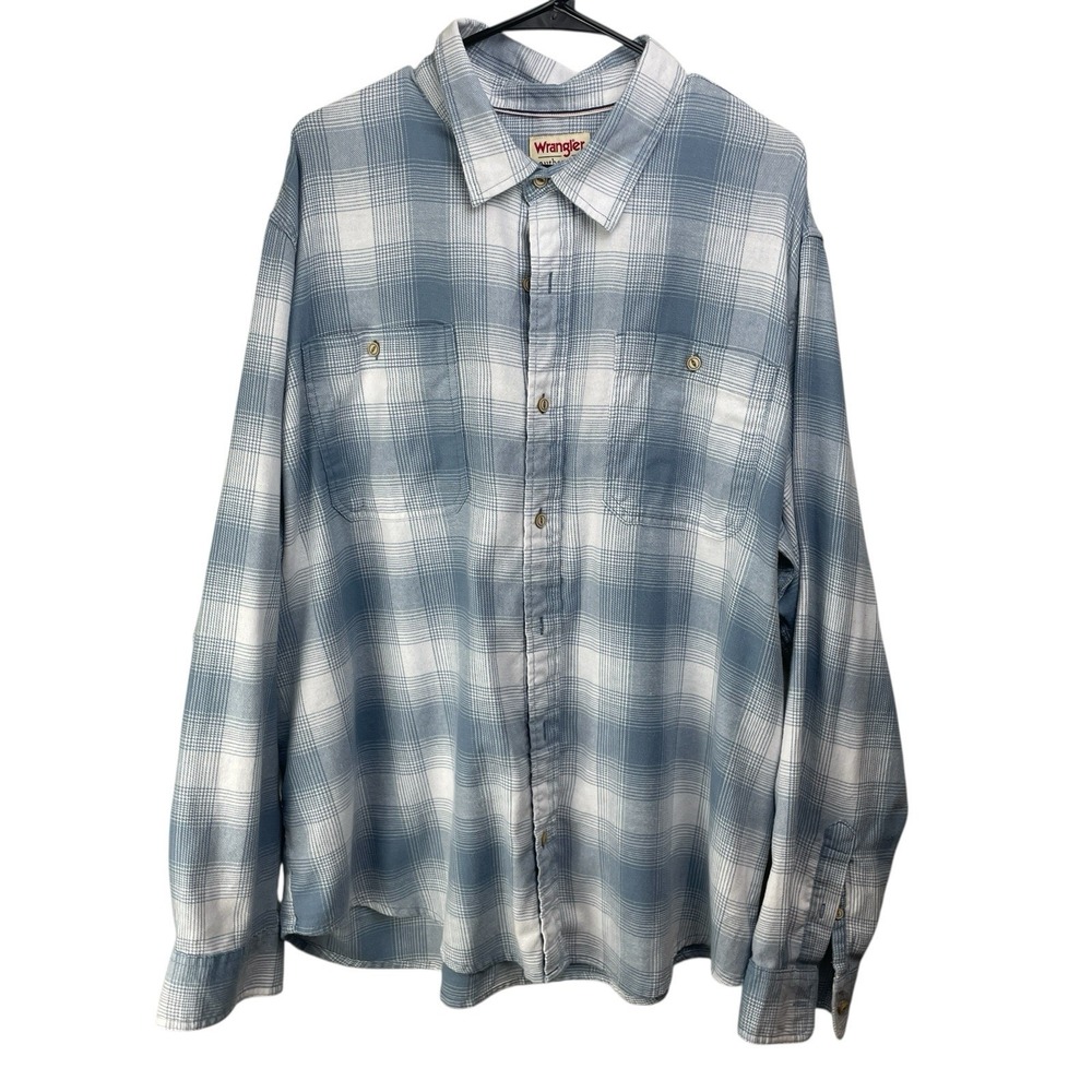 Wrangler Shirt Adult 2XL  Blue Button Up Camp Long Sleeve Outdoors Mens